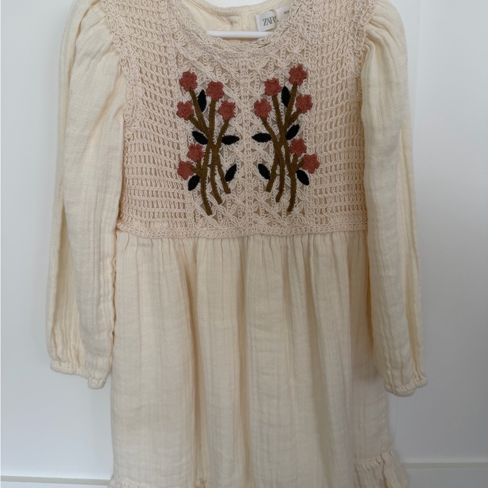 Zara Kids Cream Dress with Floral Embroidery